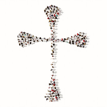 Concept or conceptual large community  of people forming the image of a religious christian cross. A 3d illustration metaphor for God, Christ, religion, spirituality, prayer, Jesus or belief