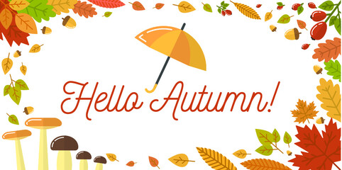 Vector illustration of "hello autumn!" lettering with autumn leaves frame and an umbrella on white background.	