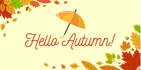 Vector illustration of "hello autumn!" lettering with autumn leaves frame and an umbrella on pale yellow background.	