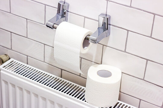 White toilet paper roll on the holder in the lavatory.