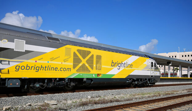 Brightline Train at the station in West Palm Beach, Florida, USA.  