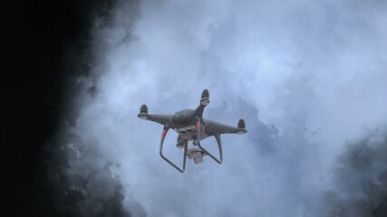 Drone flying aganst stormy clouds
