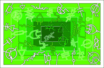 Symbols of electronic components, various devices of a circuit, abstract electrical background.