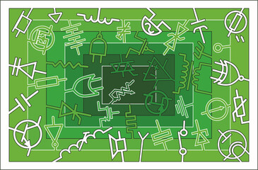 Symbols of electronic components, various devices of a circuit, abstract electrical background.
