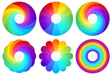 Vector set of rainbow covers for laser DVD disc. Fortune wheel with a twelve segmentation. Spiral, radial, concentric and twisted patterns. Bright palette. Printable templates with a looped spectrum.