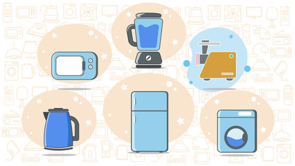 kitchen appliances flat icon set with gas stove, refrigerator, blender