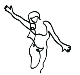 One line drawing of woman stretching arms.
One continuous line drawing of relaxed girl streching arms.
