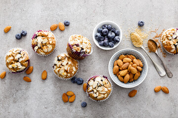 Fototapeta na wymiar Almond blueberry muffins cupcakes dessert