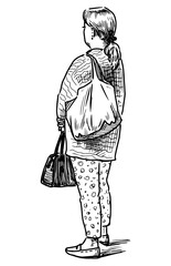Sketch of casual city woman with bags standing outdoor in waitingds outdoor in waiting