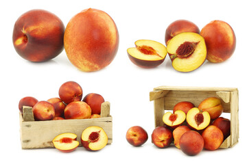 fresh nectarines and some in a wooden crate on a white background