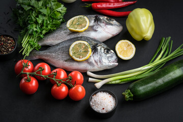 Fresh dorado fish with vegetables and spices on a dark background.