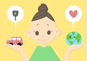 電気自動車と地球を手に持つ女性