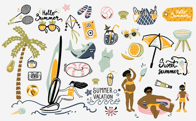 Summer design elements and a set of props for a photo studio. palm tree, ice cream, inflatable shark circle, glasses, negroes, children's pool. cartoon. hand drawing. vector illustration, boho, windsu