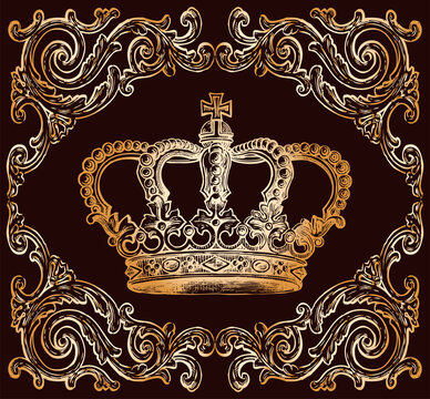 Vector drawing of golden ancient royal crown in ornate frame