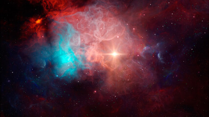 Obraz na płótnie Canvas Space background. Red and blue colorful 3D nebula with stars and sun. Elements furnished by NASA. 3D rendering