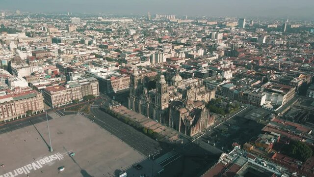 Rotational View at morning of mexico city zocalo with drone