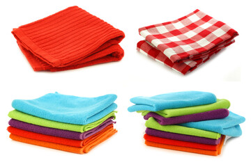 Microfiber cleaning cloths and kitchen towels on a white background