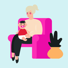 Flat woman sits on sofa and hold her baby with love and care. Happy mother's mom day banner card concept. beautiful mom with new baby born. Portrait of married, single, divorced mother poster. Vector.