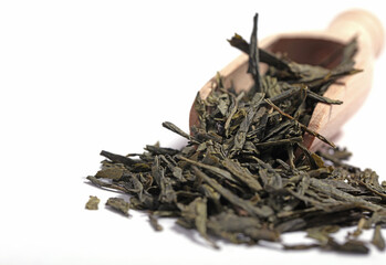 Green tea dried and rolled leaves