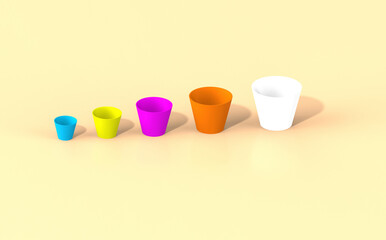 3d rendering. 3d image. flower pots of different sizes on a yellow background