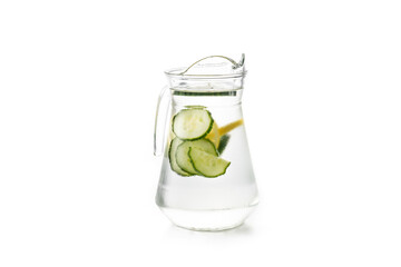 Sassy water or water with cucumber and lemon in jar isolated on white background.Copy space