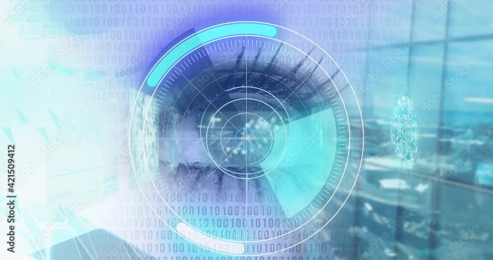 Poster round scanner and binary coding data processing against close up of female eye against office window