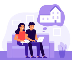 Young couple man and woman sitting on sofa with laptop and dreaming of home. Family choice of house. Take out house building on credit and mortgage. Vector illustration in flat style