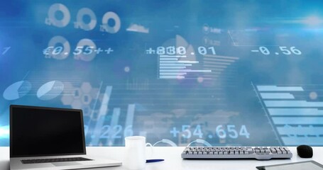 Laptop and coffee cup against statistical data processing against blue sky - Powered by Adobe