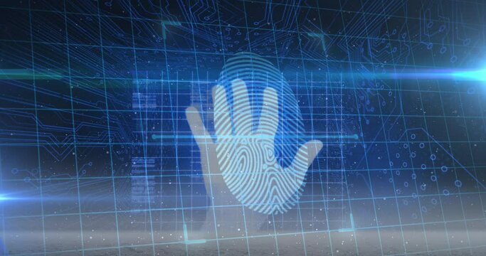 Human hand scanning over biometric scanner against security padlock and microprocessor connections