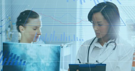 Statistical data processing against female doctor and health worker examining xray report - Powered by Adobe