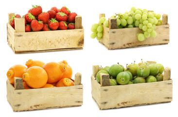 Mixed fruits in a wooden crate on a white background