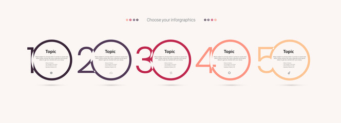 Five circle of Infographic design template, with options icons Numbers concept designs, Infographic circles style used in business and finance design