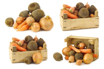variety of root vegetables in a wooden crate  on a white background