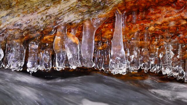 Hang icicle. Winter creek in the Sumava national park. Close-up of ice on a tree in winter. Melted icicles in the spring time