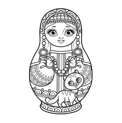 Russian traditional nest doll Matrioshka in a kokoshnik with cat and beads outline for coloring on a white background