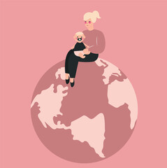 American or European mom sits on the world globe and holds her baby boy. Happy mother's day greeting card. Woman's empowerment movement, energy saving or save the earth day poster concept. Vector.