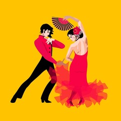 Handsome young man in traditional spanish costume and girl, dressed in red dress and with fan on her hand, dance flamenco isolated on bright yellow background. Wedding invitation, poster.