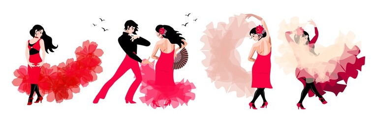 Young Spanish man and four beautiful girls with flowers in their hair, with fan and translucent headscarves dance flamenco isolated on white background. Great collection.
