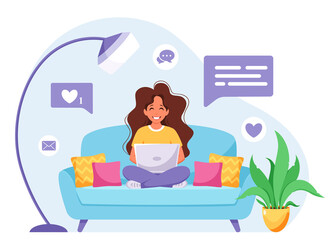 Woman sitting on a sofa and working on laptop. Freelancer, home office  concept. Vector illustration