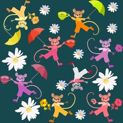 Endless background with cheerful colorful mice running among the daisies on a dark green background. Fabric print for baby.