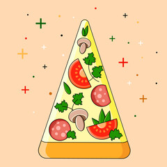 Pizza With Tomatoes, Cheese, Herbs And Sausage. Pizza Margarita Image For Cafe Or Restaurant. Pizza Slices With Vegetables. Sliced Pizza.