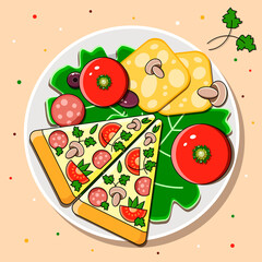 Pizza With Tomatoes, Cheese, Herbs And Sausage. Pizza Margarita Image For Cafe Or Restaurant. Pizza Slices With Vegetables. Sliced Pizza.