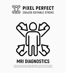 Scanning of human body, MRI scan thin line icon. Medical equipment for oncology detection. Pixel perfect, editable stroke. Vector illustration.