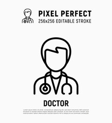 Doctor with stethoscope thin line icon. Healthcare worker. Editable stroke, pixel perfect. Vector illustration.