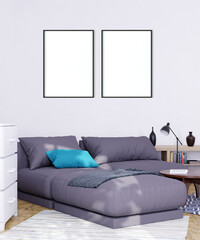 Mock up poster frame in Scandinavian style interior. Minimalist interior design. 3D illustration. 3D render