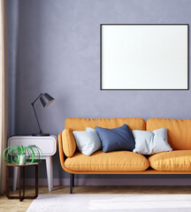 Mock up poster frame in Scandinavian style interior. Minimalist interior design. 3D illustration. 3D render