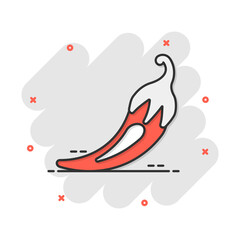 Vector cartoon chili pepper icon in comic style. Spicy peppers concept illustration pictogram. Chili paprika business splash effect concept.