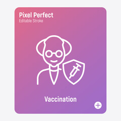 Coronavirus vaccination. Virus protection: elderly man is protected by shield with vaccine. Immune system, antibiotics. Thin line icon. Pixel perfect, editable stroke. Vector illustration.