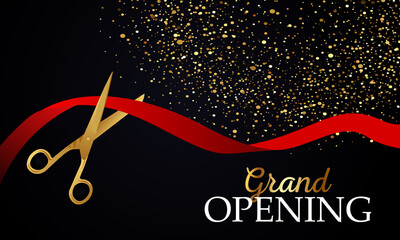 Grand opening design with ribbon, balloons and gold scissors, confetti. Vector illustration
