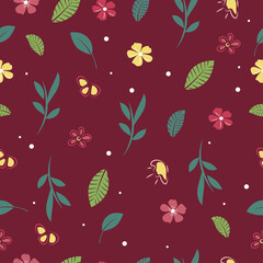 Seamless pattern with bright pink and yellow flowers, green branches and leaves on a vinous background. Vector illustration